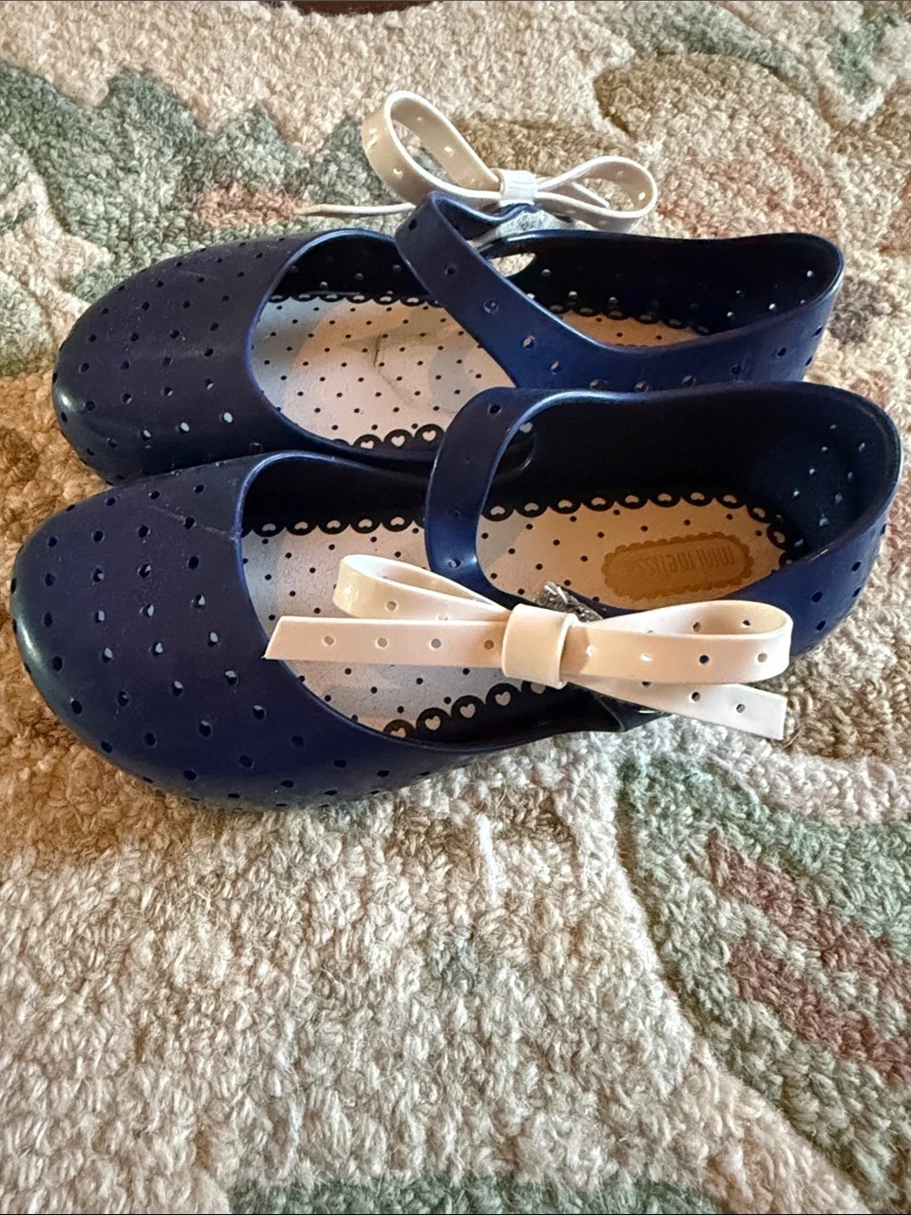 Mini Melissa Navy Blue Mary Jane Sandals with Cream Bow